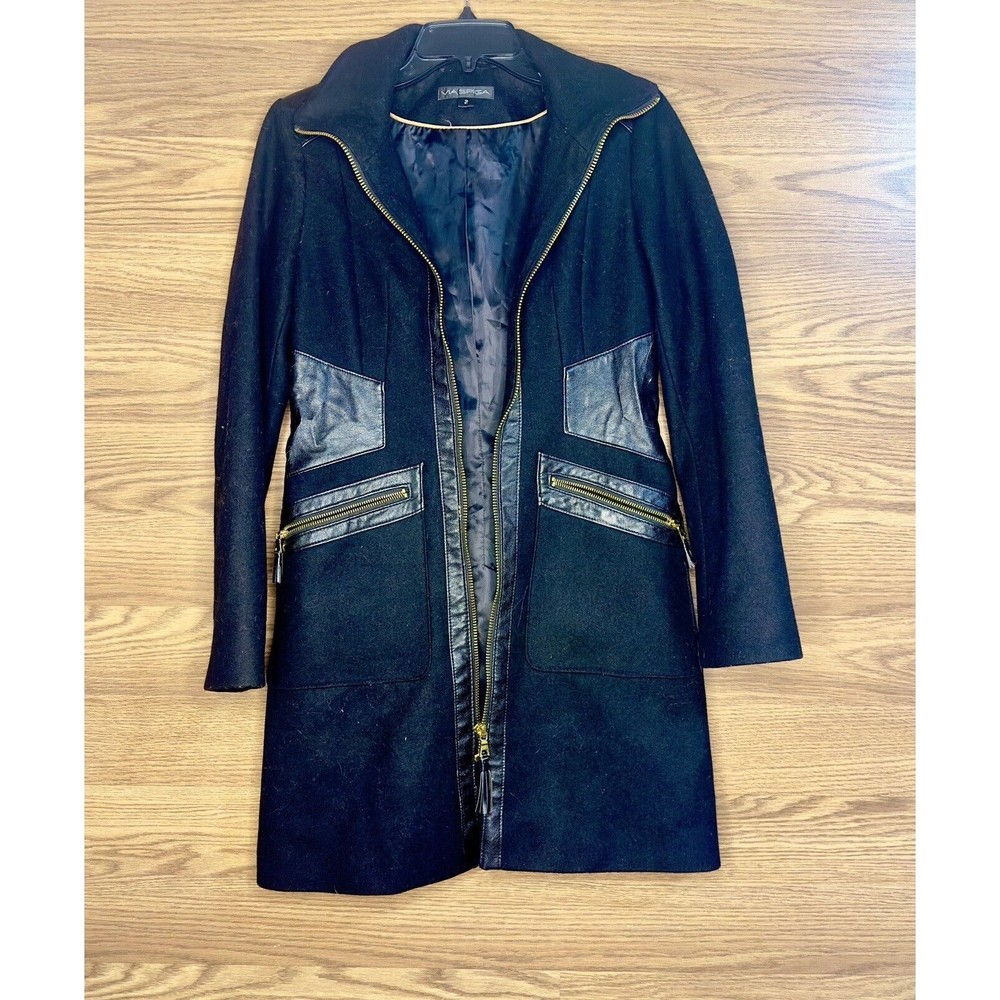Via Spiga Black Wool Blend Zip-up Overcoat W/ Faux Leather Trim  Sz 2